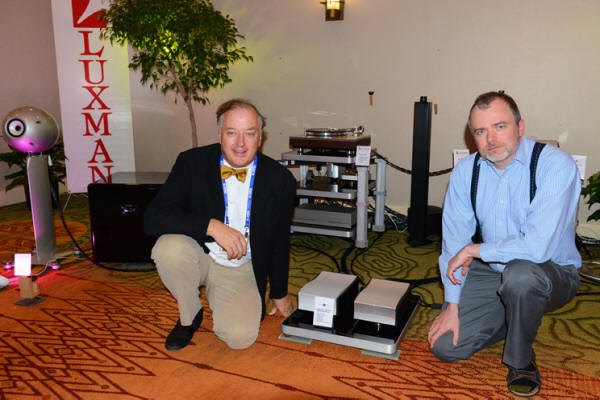 Philip O’Hanlon (left), of On a Higher Note, and Bruno Putzeys, the brilliant designer of Mola-Mola. Between them are a pair of Mola-Mola Kaluga monoblock amplifiers ($18,000/pair) being driven by the Mola-Mola Makua preamp ($13,450) with optional phono section ($2,500).