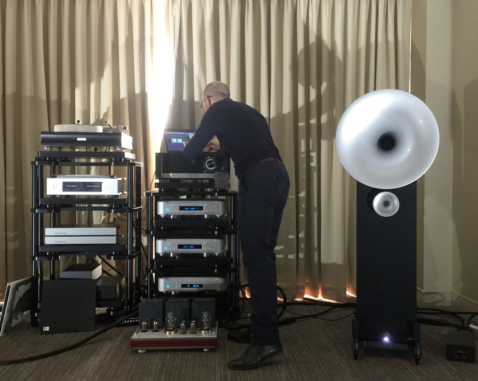 Jerome Andre from AvantGarde hooking up the LUXMAN MQ-300 to a pair of Avant Garde Uno for informal after hours listening session