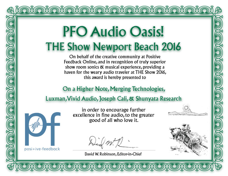Audio Oasis Award from PFO for On a Higher Note's Pelican Hill Room at T.H.E. Show 2016
