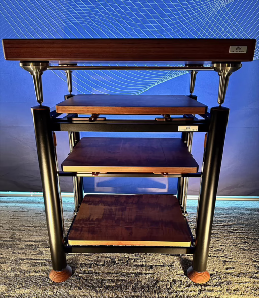 Artesania limited edition Exoteryc Panzerholz audio rack, shown here with optional Panzerholz turntable platform and Panzerholz shelves